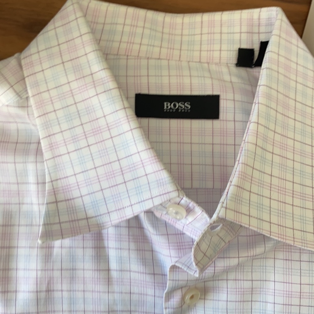 Hugo Boss men’s dress shirt button up white purple blue 16.5 34/35
